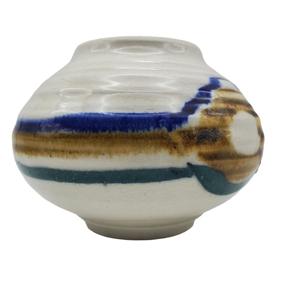 Art Pottery Squat Vase Round‎ Signed Hand Painted Arts & Craft Striped Pot Vtg
